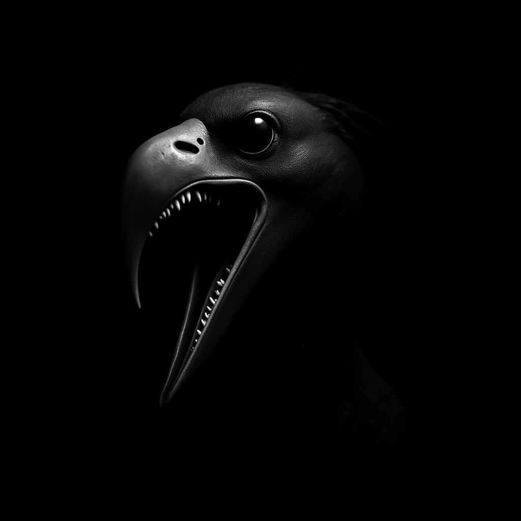 <lora:Chiaroscuro Lighting Style v1:1>
Chiaroscuro Lighting Style of a bird with a long beak and a large beak, sharp, detailed, perfect, perfection, realism, cinematic exposure, cinematic color, cinematic contrast, dramatic style, cinematic style, dramatic shadow, partially covered in shadow, Chiaroscuro Lighting Style, solo, open mouth, simple background, teeth, no humans, animal, sharp teeth, black background, 1other, from side, bird, monster, dark, animal focus, glowing, horror (theme)