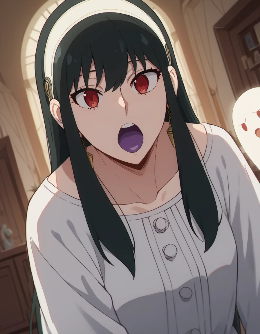 score_9, score_8_up, score_7_up, source_anime, yorbriar, <lora:yor-briar-s1-ponyxl-lora-nochekaiser:1>, yor briar, black hair, red eyes, earrings, white hairband, hairband, long hair, sidelocks,, <lora:ghost-pose-ponyxl-lora-nochekaiser:1>, ghost pose, ghost, purple tongue, open mouth, looking up,, indoors,, cowboy shot, dutch angle, looking at viewer,