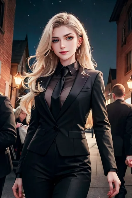 (cowboy shot:1.1), (masterpiece, best quality, high quality, highres, ultra-detailed), lamppost, night, crowd, 
1girl, long hair, platinum blonde hair, green eyes, looking at viewer, light smile, allblacksuit, 
AS-Adult, Asian-Less, SkinHairDetail, <lora:attire_allblacksuit:1>,