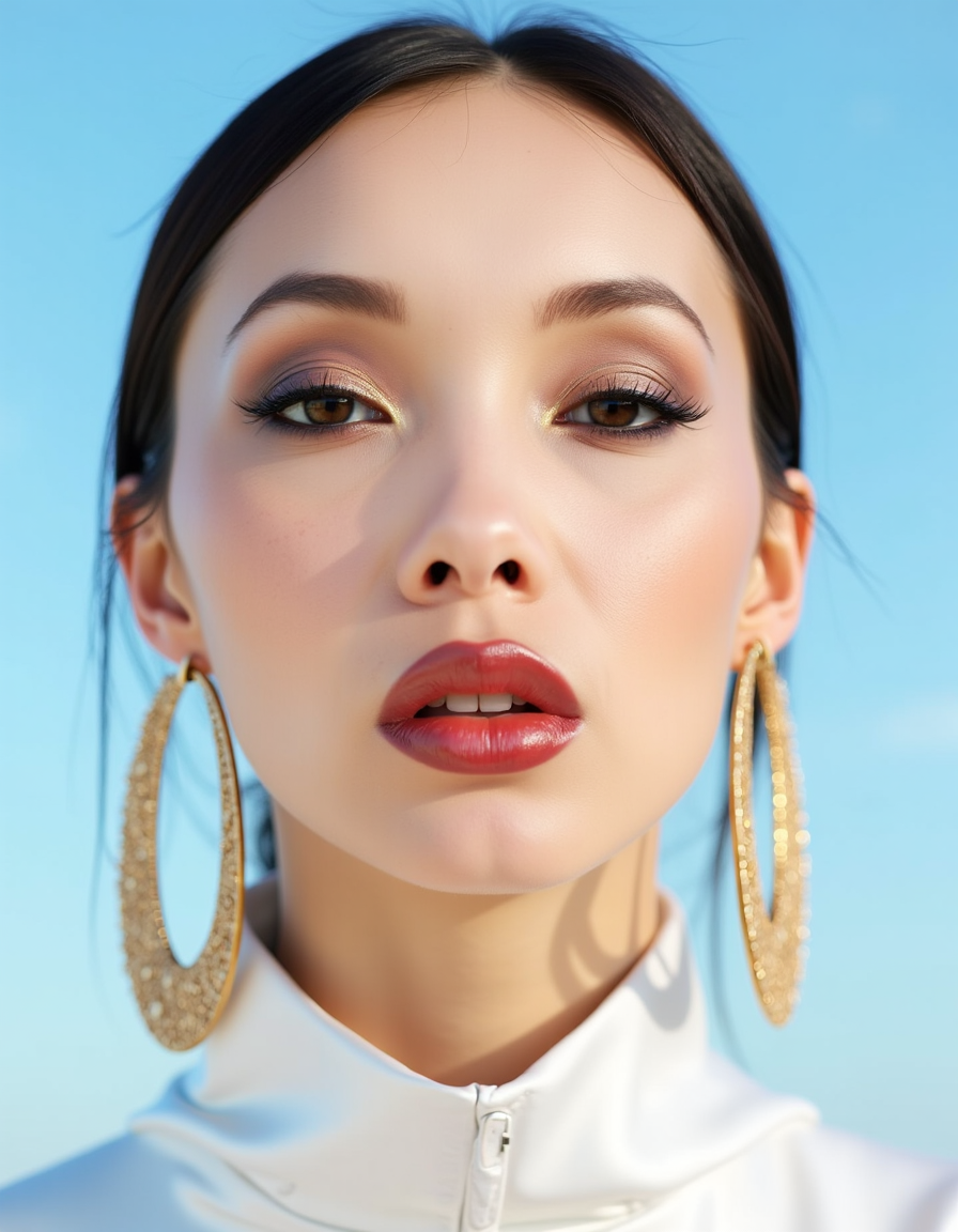 A hyper-detailed, avant-garde photograph featuring a striking woman with pale light skin against a clear, light blue sky. Her full-face close-up highlights the smooth texture of her flawless complexion. Shimmering metallic eyeshadow enhances the depth of her piercing gaze, while her glossy, deep red lips create a bold contrast to her skin. Large, intricately detailed golden hoop earrings reflect light, contributing to her modern allure. She wears metallic urban Buddhist monk clothing, with a turtle neck that enhances her avant-garde look. The reflective surfaces of her earrings and outfit create a dynamic interplay with the environment, emphasizing her sleek presence. The minimalist background allows the viewer to focus on her eye-catching fashion and makeup. Captured with a Sony A7R IV camera and a 50mm f/1.2 G Master lens for a beauty editorial shoot, this composition highlights her fashion-forward aesthetic. Inspired by avant-garde fashion photography from Sølve Sundsbø, this image blends contemporary fashion and minimalist elegance, embodying mythp0rt and niji_flux styles for a sleek, high-fashion vision. ((glow_skin, iridescent skin, oily skin, portrait)).