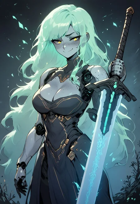 score_9, score_8_up, score_7_up, source_anime, masterpiece, best quality, highly detailed, Expressiveh, hkstyle, Bangs, Cyborg, moonlight greatsword ,holding sword, glowing weapon,, wielding giant transparent luminous Wind sword, Grey artshtrd skin, translucent hair, freckled girl, long hair, smug Smile, Cleavage, flushed horny, mystic hanfu,
