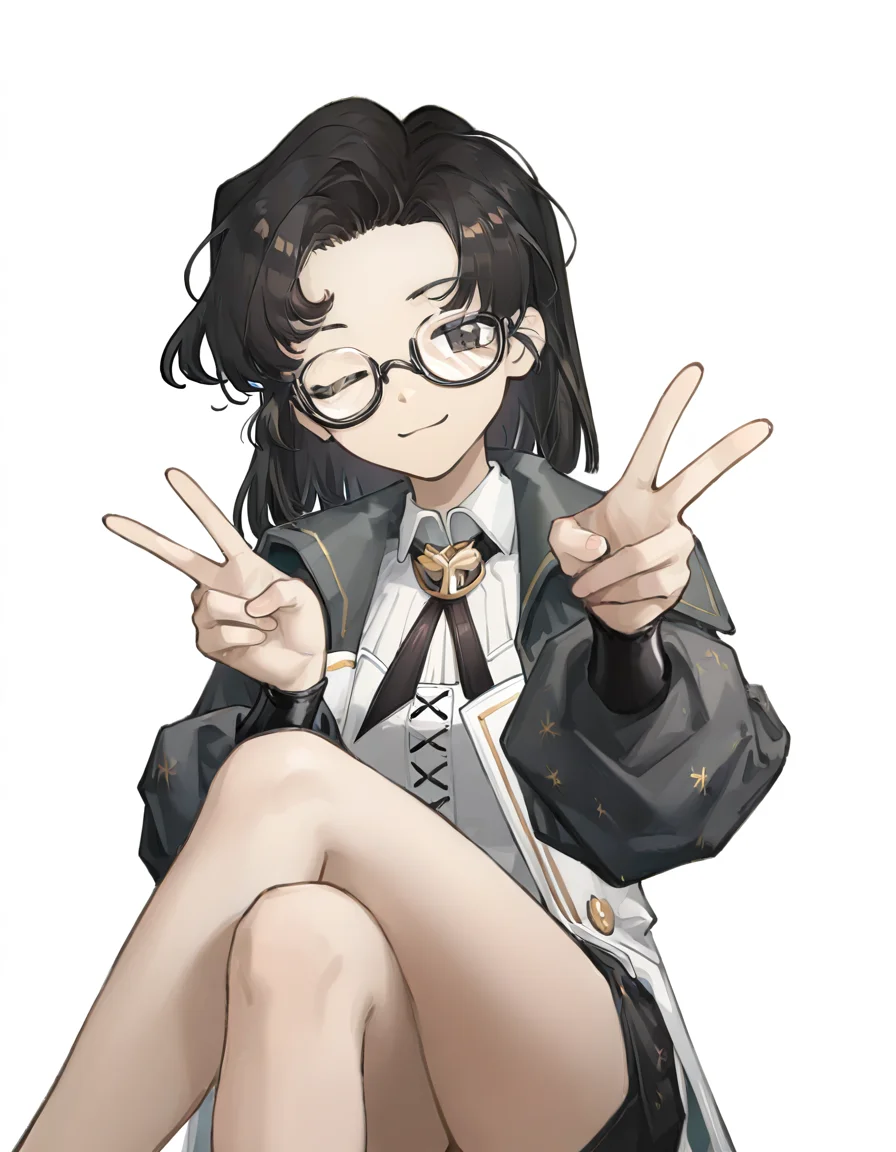 <lora:zhangzhizhi-000008:1>,zhangzhizhi,1girl,solo,simple background,white background,looking at viewer,cowboy shot,sitting,double v,one eye closed,crossed_legs,smile,, masterpiece, best quality, very aesthetic, absurdres,newest, incredibly absurdres,