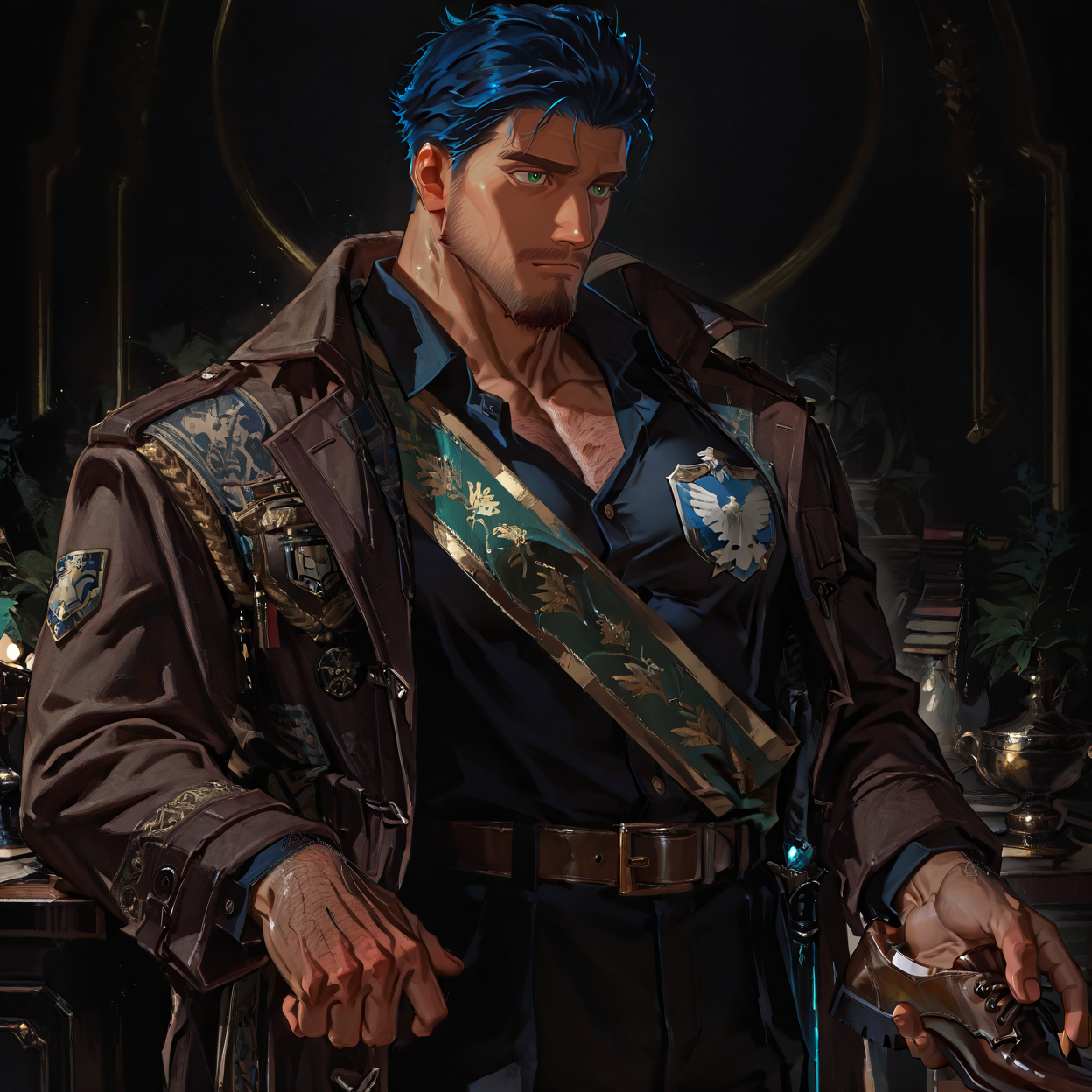 <lora:Ankh__Alchemist_Code:.75>, tagatameankkh, ankkh_blue hair, ankkh_green eyes, 1boy, short hair, solo, male focus, manly, bara, muscle body, mature male, coat, emblem, shirt, long sleeves, sash, belt, pants, shoes,
{upper body|cowboy shot}, 
(very short hair), male focus, muscular male, large pectorals, muscular male, bara, mature, (hairy body, hairy, body hair, arm hair, leg hair, hairy body, glossy skin, bara, mature, facial hair, beard, full beard, sideburn, mustache, stubble), facial hair, bara, mature, body hair, aixiwuganda_(20222192), very awa, masterpiece, best quality, absurdres, newest, perfect quality, detailed background, intricate details,<lora:slider_Body Type_alpha1.0_rank4_noxattn_last:2><lora:Anime Summer Days 2 Style SDXL_LoRA_Pony Diffusion V6 XL:.6><lora:merged:.7>, DARK, DARK BACKGROUND, LOW-KEY LIGHTING <lora:slider_cfg_scale_boost:.7><lora:Artist6p:.55>, Artist6p, Artist04p,<lora:slider_il_brightness_slider_d1:-.5><lora:slider_il_contrast_slider_d1:-.25>,<lora:slider_contract_controller_illus01_v1:.3>, <lora:addon_illustriousXLv01_stabilizer_v1.121:.5>,<lora:slider_DarkSlider1.2_alpha1.0_rank16_full_300steps:-.2><lora:Heavenly_Beauty_r1:1>, (heavenlybeauty,)<lora:slider_style_strength_controller_illus01_v1:.25>