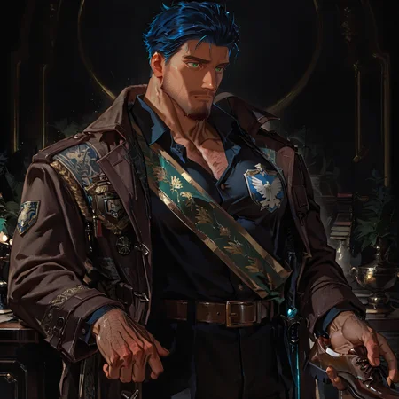 <lora:Ankh__Alchemist_Code:.75>, tagatameankkh, ankkh_blue hair, ankkh_green eyes, 1boy, short hair, solo, male focus, manly, bara, muscle body, mature male, coat, emblem, shirt, long sleeves, sash, belt, pants, shoes,
{upper body|cowboy shot}, 
(very short hair), male focus, muscular male, large pectorals, muscular male, bara, mature, (hairy body, hairy, body hair, arm hair, leg hair, hairy body, glossy skin, bara, mature, facial hair, beard, full beard, sideburn, mustache, stubble), facial hair, bara, mature, body hair, aixiwuganda_(20222192), very awa, masterpiece, best quality, absurdres, newest, perfect quality, detailed background, intricate details,<lora:slider_Body Type_alpha1.0_rank4_noxattn_last:2><lora:Anime Summer Days 2 Style SDXL_LoRA_Pony Diffusion V6 XL:.6><lora:merged:.7>, DARK, DARK BACKGROUND, LOW-KEY LIGHTING <lora:slider_cfg_scale_boost:.7><lora:Artist6p:.55>, Artist6p, Artist04p,<lora:slider_il_brightness_slider_d1:-.5><lora:slider_il_contrast_slider_d1:-.25>,<lora:slider_contract_controller_illus01_v1:.3>, <lora:addon_illustriousXLv01_stabilizer_v1.121:.5>,<lora:slider_DarkSlider1.2_alpha1.0_rank16_full_300steps:-.2><lora:Heavenly_Beauty_r1:1>, (heavenlybeauty,)<lora:slider_style_strength_controller_illus01_v1:.25>
