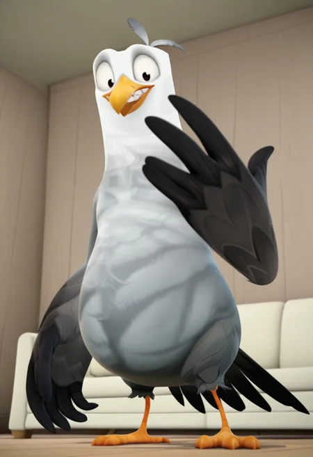 1boy, male, Gull, seagull, white head feathers, grey belly feathers, dark grey arms, black hand feathers, large hands, feathered hands, feathered fingers. small legs, orange legs, webbed feet, black tail feathers, large body, round belly, orange beak, teeth, big eyes, 3 feathers on head, white sclera, dark brown pupils, big eyes, square head, smile, looking at viewer, (masterwork, masterpiece), indoors, living room, couch, detailed background, DOF, 3D, (half portrait), posing, closed mouth, waving
