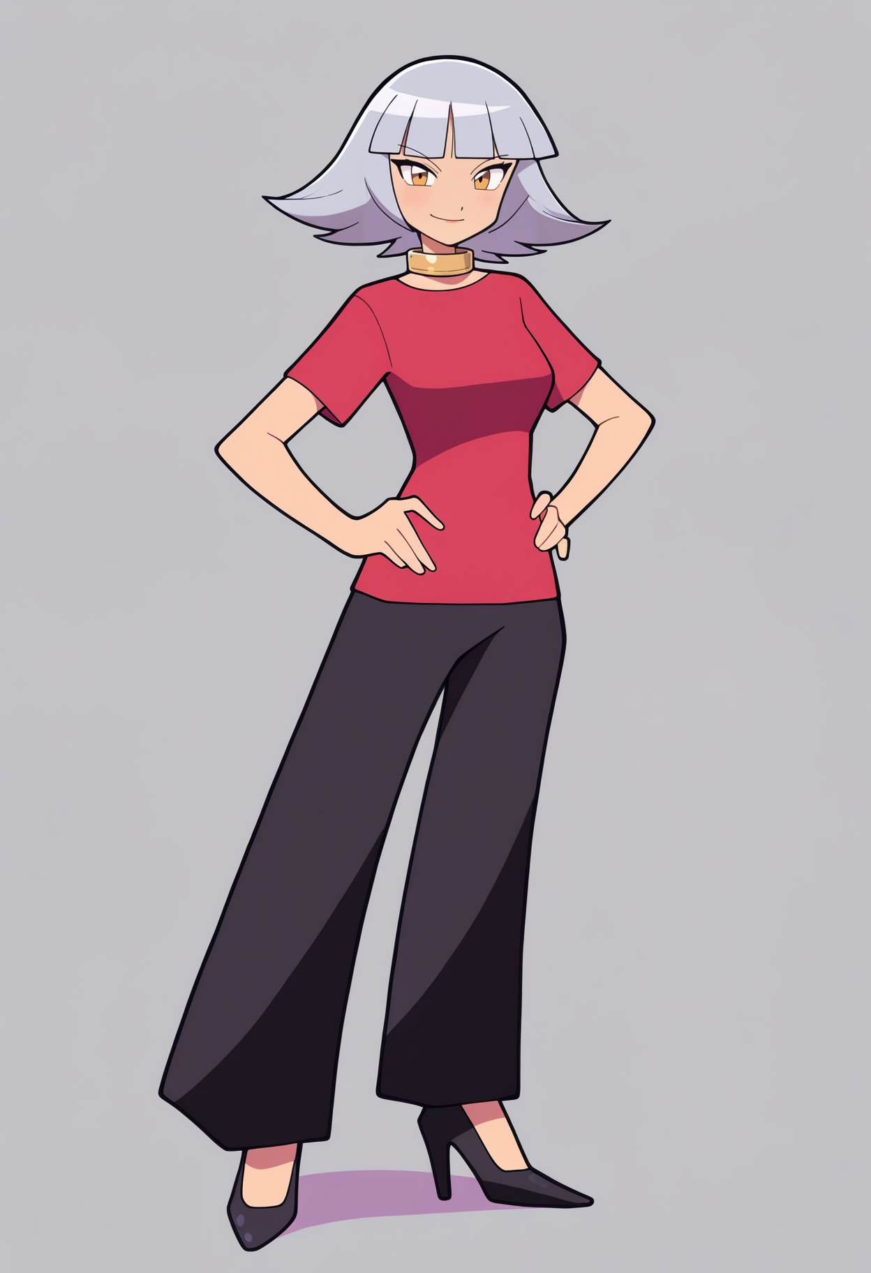 masterpiece, best quality, very aesthetic, absurdres,
1girl, oakley,  grey hair, short hair, blunt bangs, brown eyes,
red shirt, short sleeves, black pants, neck ring, black high heels,
standing, full body, hands on hips,
smile, looking at viewer, solo, simple background, white background,    <lora:OakleyNoobXL_byKonan:1>