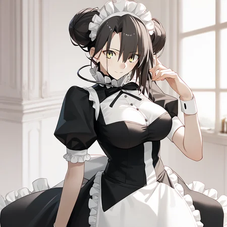 <lora:Takeuchi_Takashi_PonyXL_style_v01:1>
<lora:agent.pony:1>
score_9 , score_8_up , score_7_up , source_anime , 
masterpiece , best quality , ultra-detailed , 
BREAK
agent \(girls' frontline\), maid
1girl , woman , huge breasts , light smile , light blush , ((jeanne d'arc (fate)):0.5)  , 
long black hair  , maid dress ,  
hand up