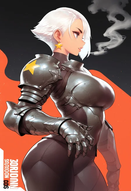 (gorgeous mushroom:1),(agoto:1),(kim hyung tae:0.5),(nyantcha:0.8),(soejima shigenori:0.8),
1girl, solo, earrings, jewelry, short hair, star \(symbol\), white hair, gauntlets, smoke, armor, star earrings, cowboy shot, breasts, profile, parted lips ,
,masterpiece,best quality,amazing quality,
