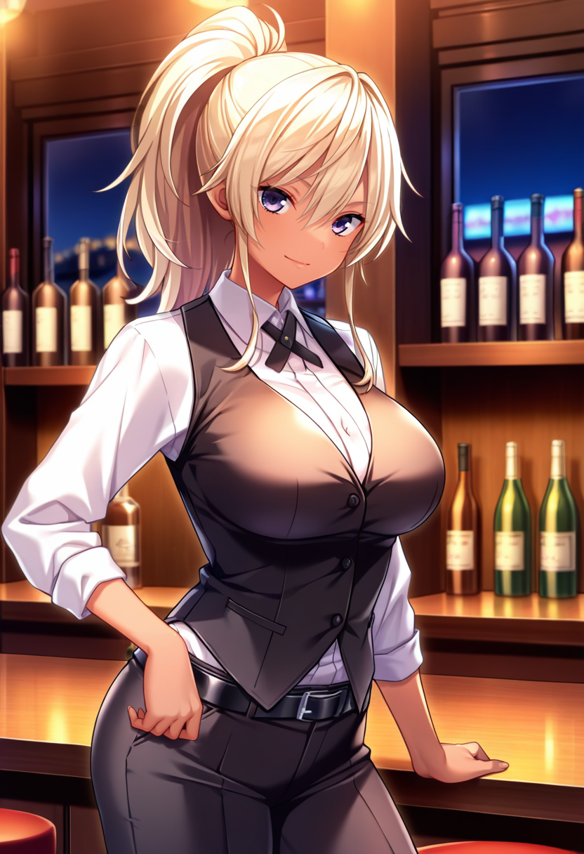 masterpiece, best quality, amazing quality,asami rokudou, purple eyes, blonde hair, ponytail, 1girl, long hair, solo, large breasts, dark-skinned female,closed mouth, light smile, black vest, collared shirt, white shirt,black cross tie, long sleeves, black belt, black pants, cowboy shot, standing, looking at viewer, indoors, bar \(place\), bartender, night, blurry background <lora:asami rokudouV1:0.8>