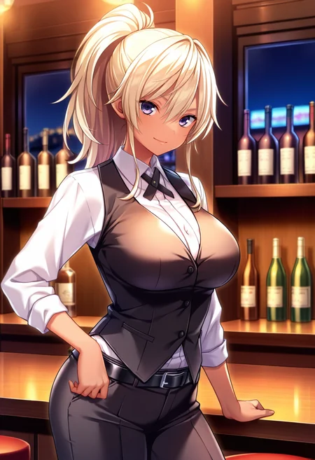 masterpiece, best quality, amazing quality,asami rokudou, purple eyes, blonde hair, ponytail, 1girl, long hair, solo, large breasts, dark-skinned female,closed mouth, light smile, black vest, collared shirt, white shirt,black cross tie, long sleeves, black belt, black pants, cowboy shot, standing, looking at viewer, indoors, bar \(place\), bartender, night, blurry background <lora:asami rokudouV1:0.8>