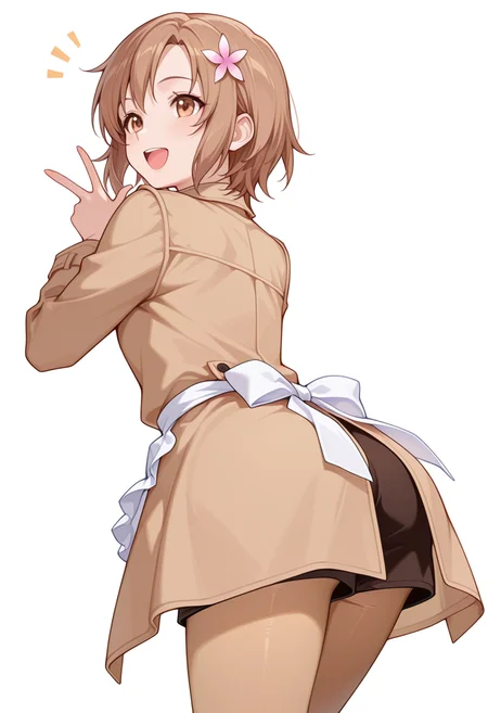 Smooth Quality,masterpiece,very intricate, high quality details, ultra realistic, high detailed skin,detailed enviorement,absurdres,
w,
 <lora:Yukimura_Kusunoki_CNR:0.8> yukimuria_cnr, 1girl, brown hair, short hair, brown eyes,hair flower,, simple background, white background, from behind,solo,, ^o^,, waist apron,trench coat ,board shorts,  ,see-through legwear pantyhose,