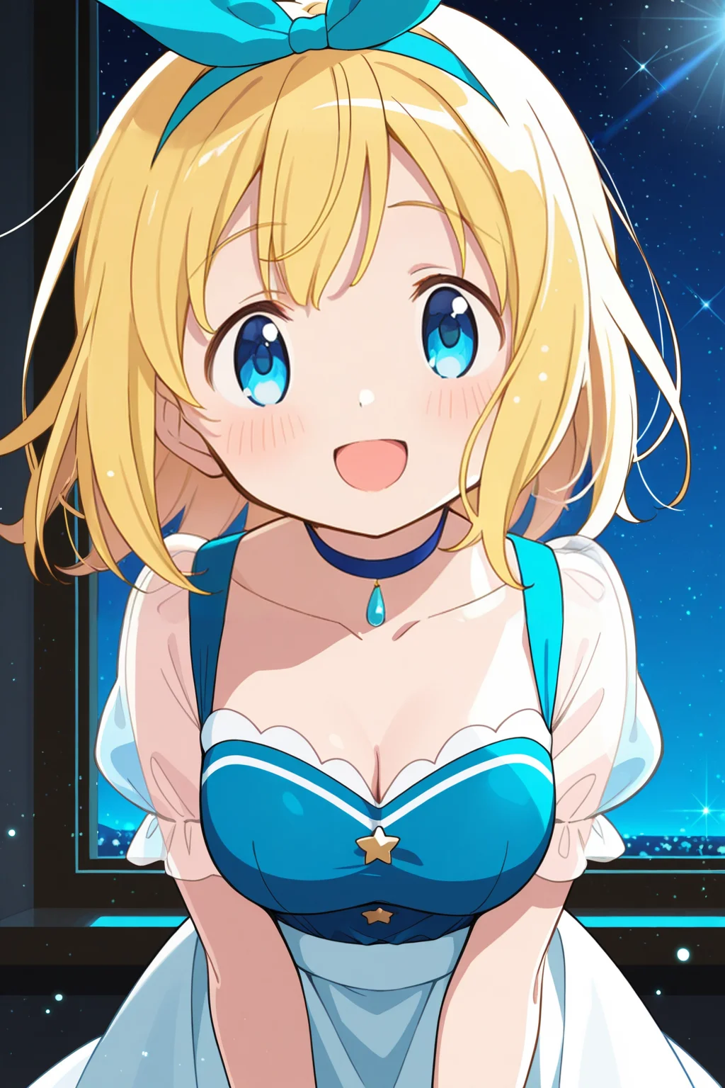 <lora:PuellaMagi:1>, PuellaMagi, 1girl, skirt, solo, smile, blue shirt, bow hairband, open mouth, shirt, short sleeves, choker, looking at viewer, indoors, sparkle, bow, window, blush, collarbone, white skirt, hairband, see-through, light particles, sky, hair bow, night, puffy short sleeves, :d, lens flare, see-through sleeves, star \(sky\), leaning forward, blue choker, cleavage, jewelry, puffy sleeves, hair ribbon, ribbon,