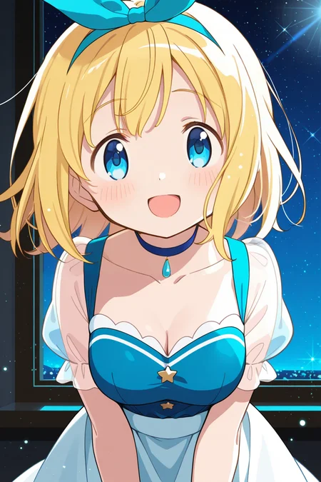 <lora:PuellaMagi:1>, PuellaMagi, 1girl, skirt, solo, smile, blue shirt, bow hairband, open mouth, shirt, short sleeves, choker, looking at viewer, indoors, sparkle, bow, window, blush, collarbone, white skirt, hairband, see-through, light particles, sky, hair bow, night, puffy short sleeves, :d, lens flare, see-through sleeves, star \(sky\), leaning forward, blue choker, cleavage, jewelry, puffy sleeves, hair ribbon, ribbon,