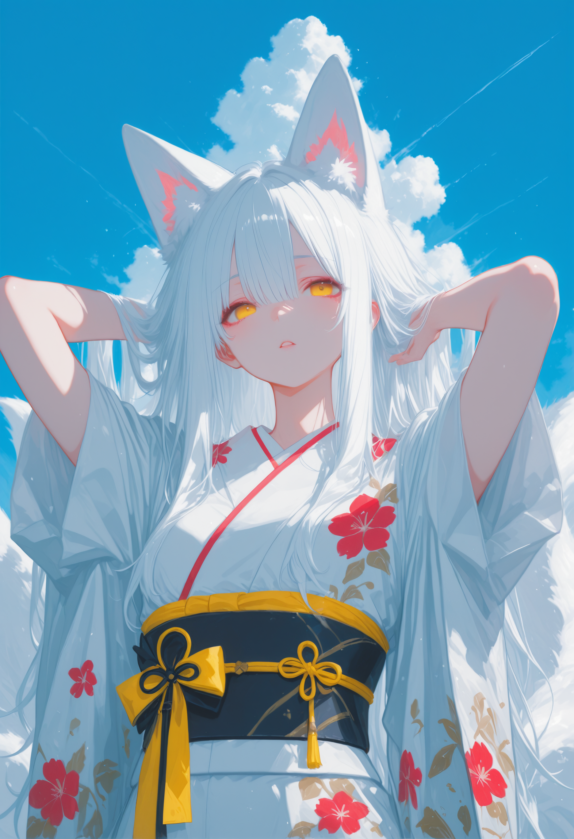 masterpiece,best quality,newest,absurdres,highres,very awa,detail background,,1girl, fox tail, sky, white hair, long hair, animal ears, masterpiece, yellow eyes, kitsune, parted lips, looking at viewer, kimono, floral print, outdoors, arms behind head, adjusting hair, cloud, volumetric lighting, blue sky, portrait, upper body,,xxx667_illu,wasabi_natsume_illu,abstract,surreal,traditional media,aosiai123_illu <lora:illustriousXLv11_stabilizer_v1.113:0.30000000000000004> <lora:ppw_v7_Illuv1.0:0.5000000000000001> <lora:ååXXX667:0.5000000000000001> <lora:æålpc_v10:0.4000000000000001> <lora:æ®è²wasabi_natsume_style_r1:0.30000000000000004> <lora:æ¥å¼å¤å¤aosiai123_style:0.20000000000000004> <lora:None:1.0>