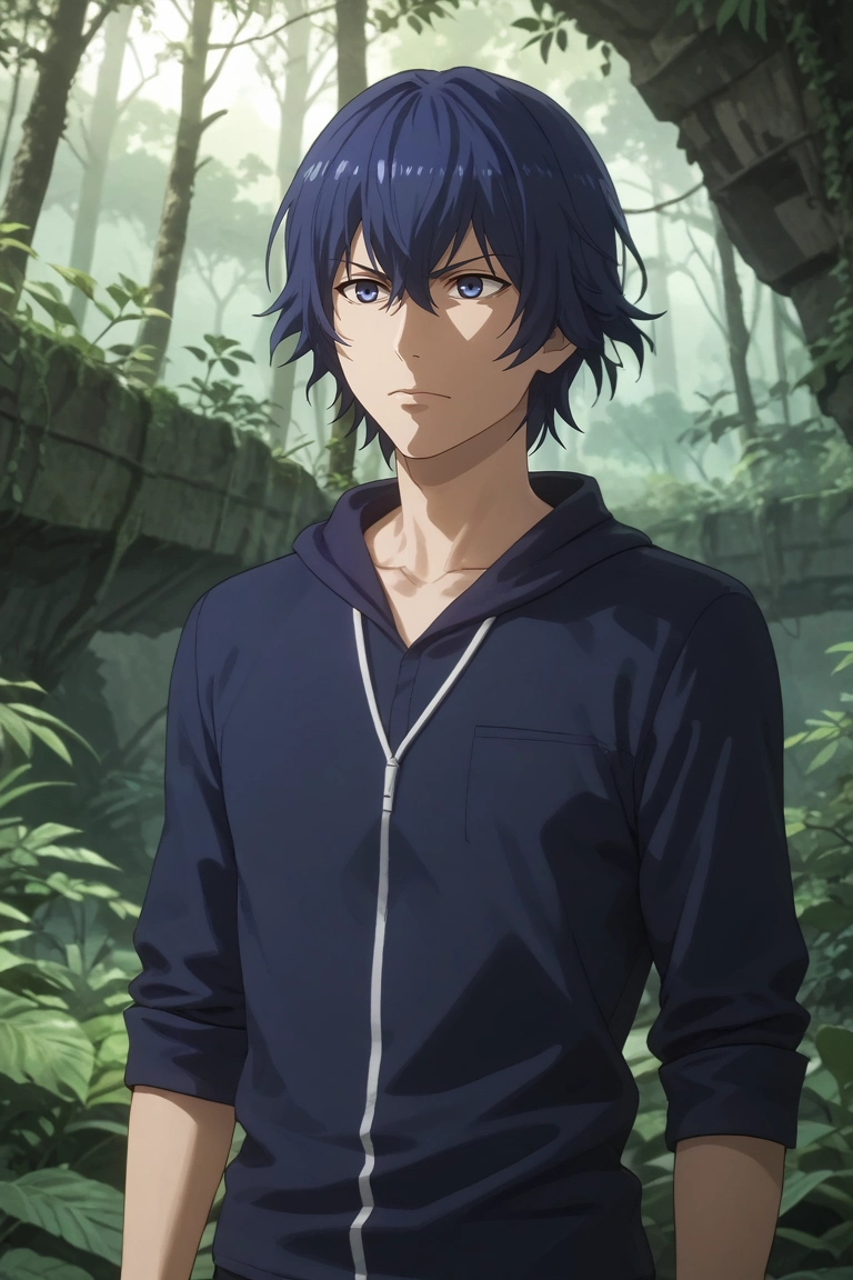 score_9, score_8_up, score_7_up, source_anime, rating_safe, intricate details, (3d:0.4), , , 1boy, solo, male focus, <lora:ayato_kirishima_pony:0.96>, ayato_kirishima, blue hair, blue eyes, hair between eyes, , , wide angle, wide shot, cowboy shot, jungle, rainforest, ruins, midnight, leaning back, wavy mouth, closed mouth, , <lora:sdxl_lightning_8step_lora:1>