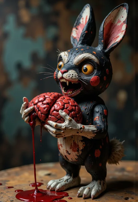 A high-quality, body shot close-up photograph of a ck-owct style hand-painted wooden Christmas toy featuring a skinny one-arm cute little black zombie rabbit with a ripped ear, long teeth and eating a human brain flowing with blood.