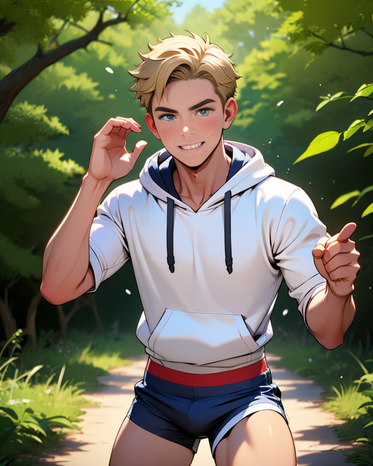 masterpiece, 1 boy,blond hair, blue eyes, caucasian, male focus,male, solo,nipples,short hair,shorts,looking at the audience,reality, detail face, dynamic cloth, focus face, dynamic pose, light skin hoodies, man underwear briefs, casual hike through the woods,