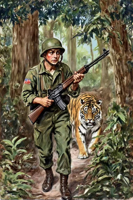 jamesmontgomeryflagg1 illustration.
Create a tense jungle scene set in Vietnam, featuring a dense, lush environment with thick foliage, tall trees, and tropical plants. We see the close up face of an American Marine, showing fear in his face, is cautiously walking towards the viewer, holding a rifle in a ready position. He is dressed in camouflage fatigues and a helmet, blending into the surroundings. Unbeknownst to him, a distance away, a stealthy tiger is following closely behind, partially obscured by the foliage. The tiger's eyes are fixed on the soldier, adding a sense of impending danger to the scene. The overall atmosphere should be one of suspense, with the jungle's dense greenery and shadows heightening the tension. <lora:jamesmontgomeryflagg1_cap_d8a4e12:1.0><lora:859138127925640647:0>