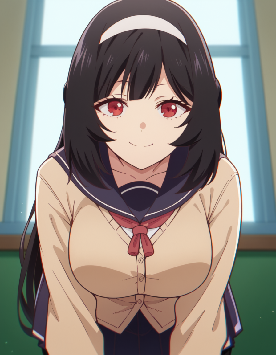 score_9, score_8_up, score_7_up, source_anime, <lora:karen-inukai-s1-ponyxl-lora-nochekaiser:1>, karen inukai, long hair, black hair, red eyes, large breasts,, skirt, school uniform, pleated skirt, hairband, black pantyhose, cardigan, white hairband,, indoors, bent over, smile, looking at viewer, solo,, cowboy shot, dutch angle