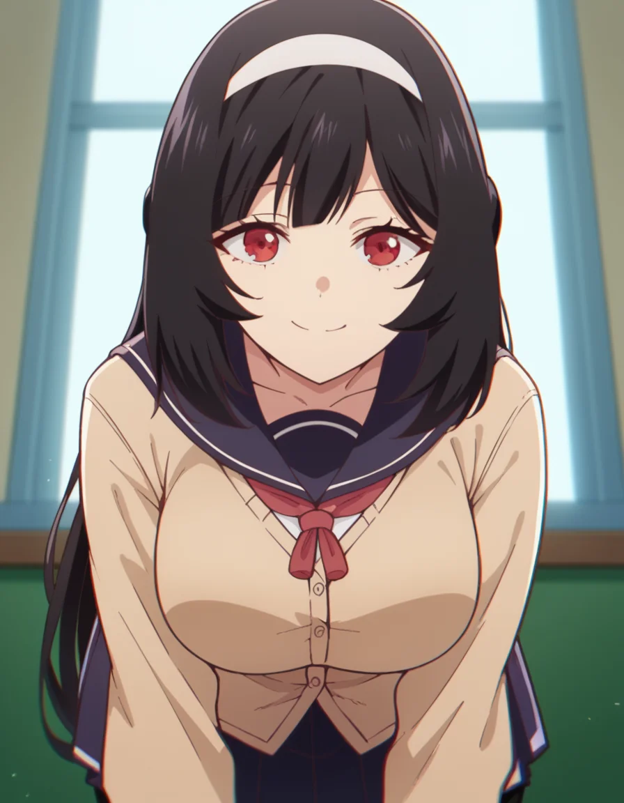 score_9, score_8_up, score_7_up, source_anime, <lora:karen-inukai-s1-ponyxl-lora-nochekaiser:1>, karen inukai, long hair, black hair, red eyes, large breasts,, skirt, school uniform, pleated skirt, hairband, black pantyhose, cardigan, white hairband,, indoors, bent over, smile, looking at viewer, solo,, cowboy shot, dutch angle