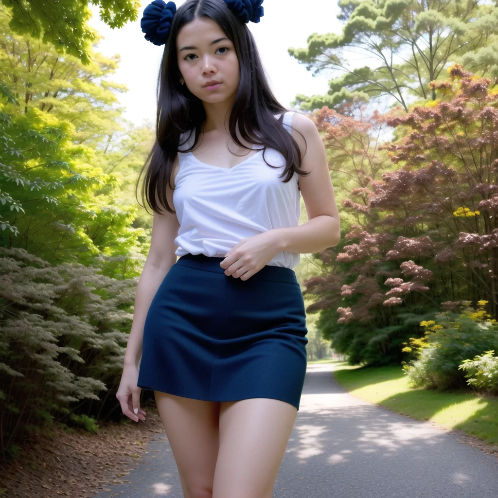 Highest Quality, masterpiece, (diffused soft light), dramatic lighting, highly detailed photo, intricate details, absurdres, best quality, ultra-detailed, cowboy shot, forest, adult, mature:1.3, tan skin:0.6, 1girl, athletic body, navy blue long hair, straight, afterglow, salmon eyes, tank top, denin skirt, buns cover<lora:doubleBunsCoveredBuns_v117:1>
