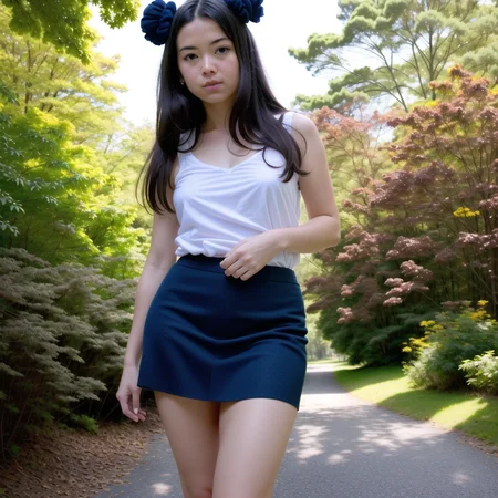 Highest Quality, masterpiece, (diffused soft light), dramatic lighting, highly detailed photo, intricate details, absurdres, best quality, ultra-detailed, cowboy shot, forest, adult, mature:1.3, tan skin:0.6, 1girl, athletic body, navy blue long hair, straight, afterglow, salmon eyes, tank top, denin skirt, buns cover<lora:doubleBunsCoveredBuns_v117:1>
