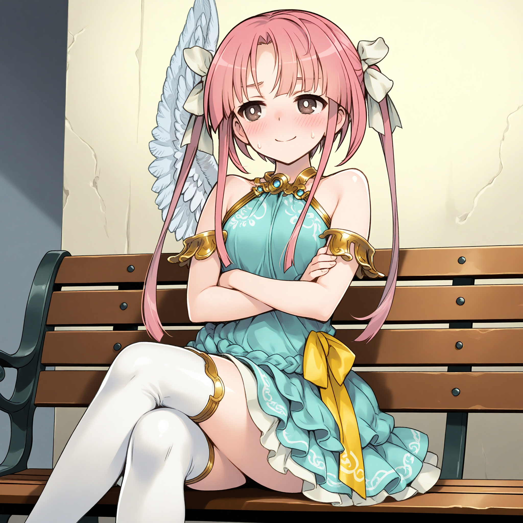 <lora:Nook_1_nai-000062:1>,Nook,
official outfit,angel wings,armlet,bare shoulders,jewelry,aqua dress,layered dress,frilled dress,frills,sleeveless dress,yellow bow,single wing,white thighhighs,
1girl,solo,sitting,on bench,crossed arms,crossed_legs,front view,sweatdrop,smile,bright pupils,embarrassed,awkward,light_blush,embarrass,
