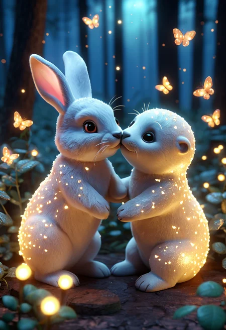 High-detail masterpiece 3D image composition featuring a variety of unique and adorable creatures in a heartwarming, romantic setting, with a gentle, loving atmosphere, The two creatures are kissing another, with an eye_contact looking, surrounded by Glowing Fireflies, with each element having a soft, round, 3D look, enhancing their cuteness, The scene is set in a Glimmering Forest, where Glowing Roses illuminate the surroundings, creating a dreamy, romantic atmosphere with soft, glowing lighting, bringing everything to life in a 3D, cuddly way, <lora:add-detail-xl:1>, BREAK,
A Rabbit, with Soft Fur, gazing lovingly at its companion, filled with Joy, in an irresistibly cute, 3D style, BREAK,
A Seal, with Big Sparkling Eyes, sharing a Sweet Embrace, with Adorable Expressions,