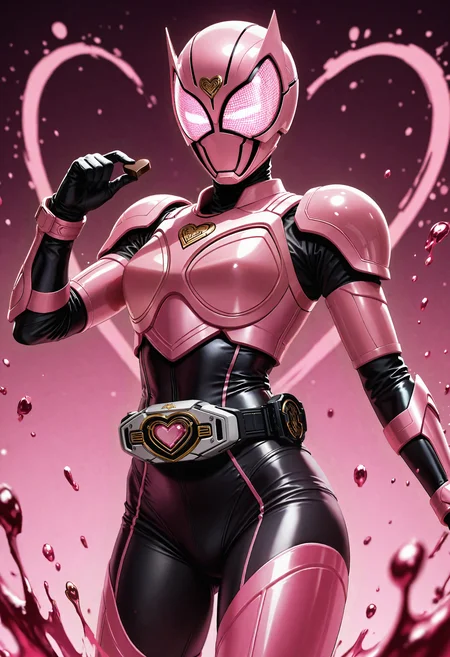 8K, masterpiece, high resolution, depth of field, focused subject, newest, best quality, amazing quality, detailed line work, hyper-realistic, absurdres, professional, studio quality, very aesthetic, BREAK, 1girl, tokusatsu, kamen rider valentine day version, heart helm, armor, bodysuit, rider belt, gold ornaments, holding valentine chocolate, BREAK, white and pink (theme), (half body), dark pink background, splashed chocolate at background, dramatic scene, natural light, smooth shadow