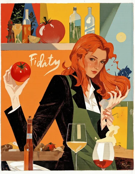 Art by Riccardo Guasco. A vibrant and colorful illustration shoot from a low-angle perspective about a stylized illustration featuring a woman with long red hair, dressed in a black suit, standing in the middle of the image, holding a ripe tomato in one hand and a glass of wine in the other, surrounded by various objects such as a bottle, a glass, and a vase. the background is a gradient of orange, yellow, green, and blue, with the word "fidaty" prominently displayed in the center. the woman appears to be in a state of contemplation, with her full body facing away from the viewer, and her long, flowing red hair cascading down her back. she is wearing a black blazer and a green apron, adding to the sense of movement and energy in the image. the overall style is reminiscent of modern, minimalist art, with bold lines and bright colors that create a sense of depth and dimensionality.