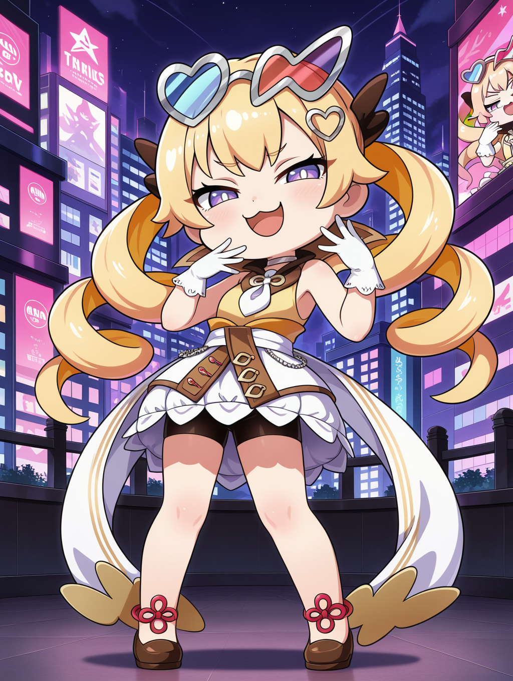 evil twin sunny, 1girl, solo, ojou-sama pose, smug, style parody, open mouth,smile, parody, heart, looking at viewer, full body, :3, standing, white pupils, silver choker, sleeveless dress, white frilled gloves, heart hair ornament, eyewear on head, black hair ribbon, brown shoes, black bike shorts, chibi, red anklet,cityscape,
masterpiece,best quality,amazing quality,very aesthetic,absurdres,newest,<lora:Evil Twin Trouble Sunny illuXL v1.1:0.72>,