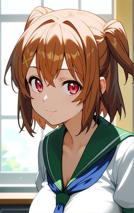 (score_9, score_8_up, score_7_up), 1girl, window, sunlight, classroom,
leaning forward, looking at viewer, closed mouth, light smile, tight clothes, close-up,
ohwx, 1girl, solo, breasts, brown_hair, large_breasts, short_hair, two_side_up, pink_eyes, red_eyes, school uniform,
<lora:kushiya_inaho_pony_ss:1>