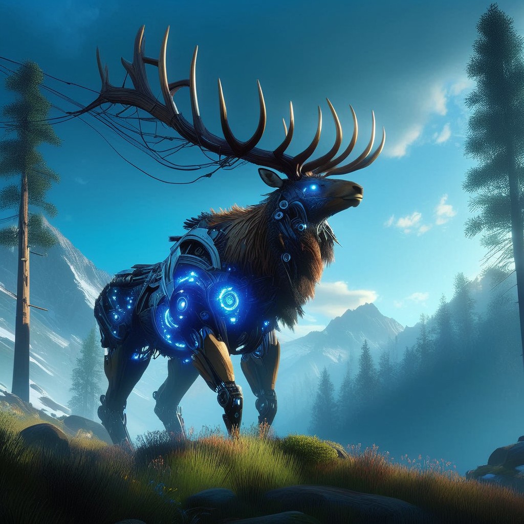 (Ultra Realistic:1.0),32k,(Masterpiece:1.0),(High Detailed Skin:1.0),( High Quality:1.0), (Detailed Realistic Background:1.3), (Official Art, Beautiful and Aesthetic:1.2), (Realistic Lighting:1.0), glowing, day, science fiction, nature, grass, deer, scenery, mountain, non-humanoid robot, forest, "An imposing, machine-like elk standing majestically on mountain edge looking at sky, its intricate mechanical parts inspired by the Horizon Zero Dawn style. The elk’s body is a blend of organic and metallic elements, with glowing blue lights coursing through its frame, reflecting the technological sophistication of a bygone era. Its angle are vast and sharp, made of gleaming steel, resembling a regal crown.
The scene is set in a deep of field, epic cinematic lighting, view from below dramatic sky with beams of cinematic light piercing through the canopy, casting dramatic shadows across the elk’s form. The atmosphere is epic and tense, as the elk stands still, as if inspecting its surroundings with quiet intelligence. The mood is both mysterious and foreboding, emphasizing the contrast between nature and technology, framed in high resolution and intense detail, evoking the visual grandeur and storytelling depth of Horizon Zero Dawn."