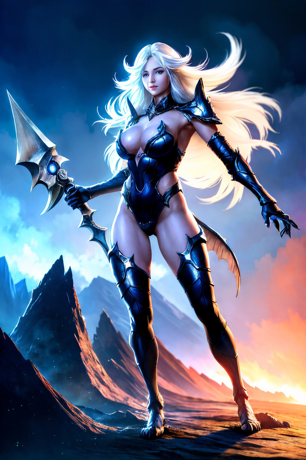 (Realistic:1.5) tail navel demon girl thighhighs giantess demon white hair glowing cleavage thighhighs staff elbow gloves blue eyes barefoot pauldrons holding weapon  <lora:EdobFireSoul_v1.0:0.8>