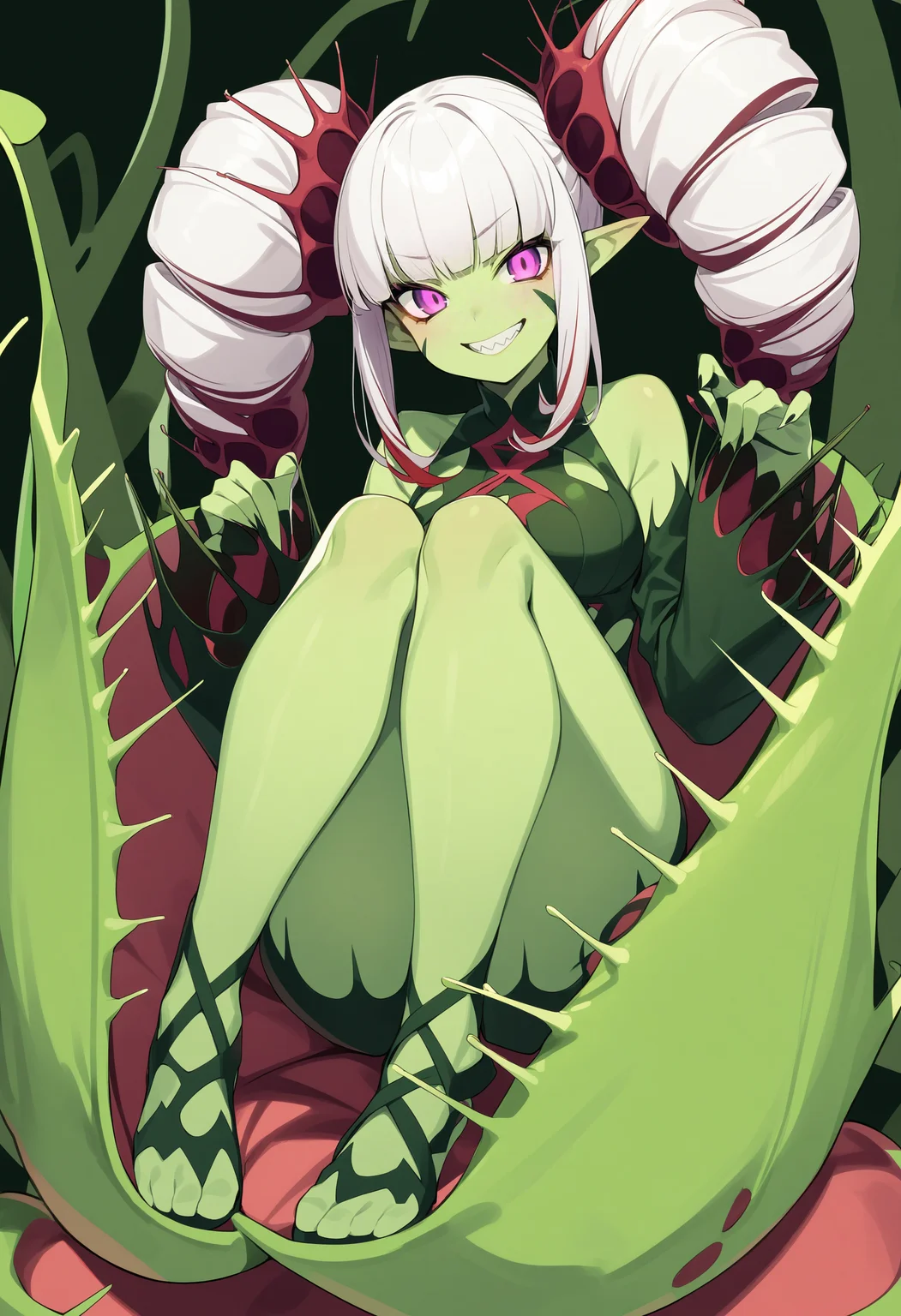 (venus flytrap), claustrophyte, spikes, plant, nature, 1girl, colored skin, curly hair, detached sleeves, green hair, green skin, grin, hair ornament, long hair, monster girl, monster girl encyclopedia, multicolored hair, pointy ears, purple eyes, sharp teeth, smile, solo, teeth, twintails, white hair, knees up, from above, full body, cute, nature,
masterpiece, best quality, very aesthetic, absurdres
<lora:monmusu_plant_girl_ani_v13:1>