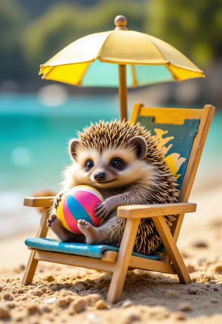 A hedgehog curled up on a mini beach chair under a tiny umbrella, holding a toy beach ball, aidmafluxpro1.1, aidmaMJ6.1