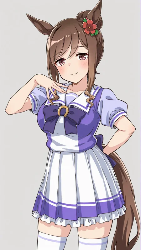 <lora:mei_umamusume:0.8>,mei \(umamusume\),large breasts,animal ears,brown eyes,brown hair,flower,hair flower,hair ornament,horse ears,horse girl,horse tail,long hair,sidelocks,tracen school uniform,summer uniform,serafuku,puffy short sleeves,purple bowtie,horseshoe ornament,sailor collar,sailor shirt,purple shirt,white skirt,pleated skirt,frilled skirt,miniskirt,zettai ryouiki,white thighhighs,brown footwear,loafers,simple background,pose,(cowboy shot:1.4),light smile,