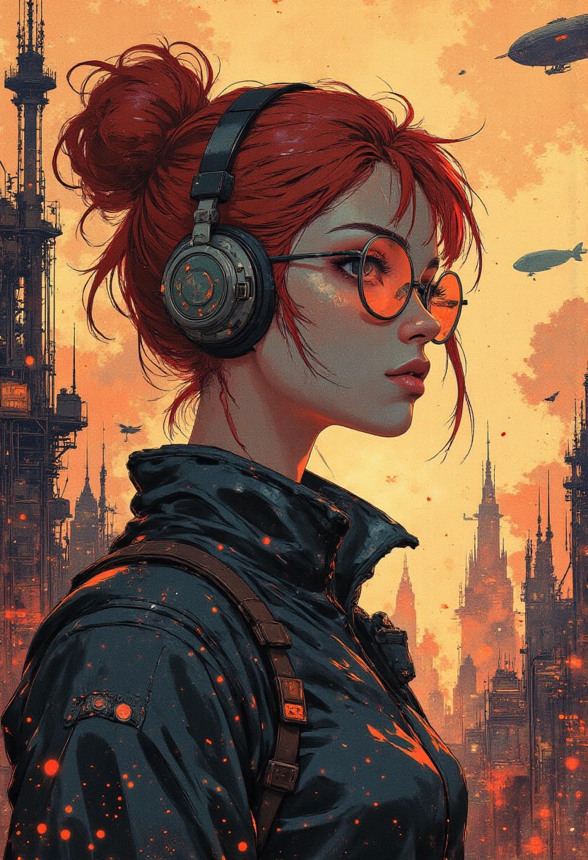 (A highly detailed) vibrant portrait. aviator girl in steampunk style, red hair fluttering in the wind. leather jacket and big glasses with orange glasses, vintage headphones on her head. The background is an industrial steampunk city with factory pipes, vintage antennas and airships. The colors are warm and rich, the style is semi-realistic with soft strokes