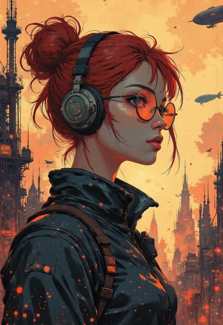 (A highly detailed) vibrant portrait. aviator girl in steampunk style, red hair fluttering in the wind. leather jacket and big glasses with orange glasses, vintage headphones on her head. The background is an industrial steampunk city with factory pipes, vintage antennas and airships. The colors are warm and rich, the style is semi-realistic with soft strokes
