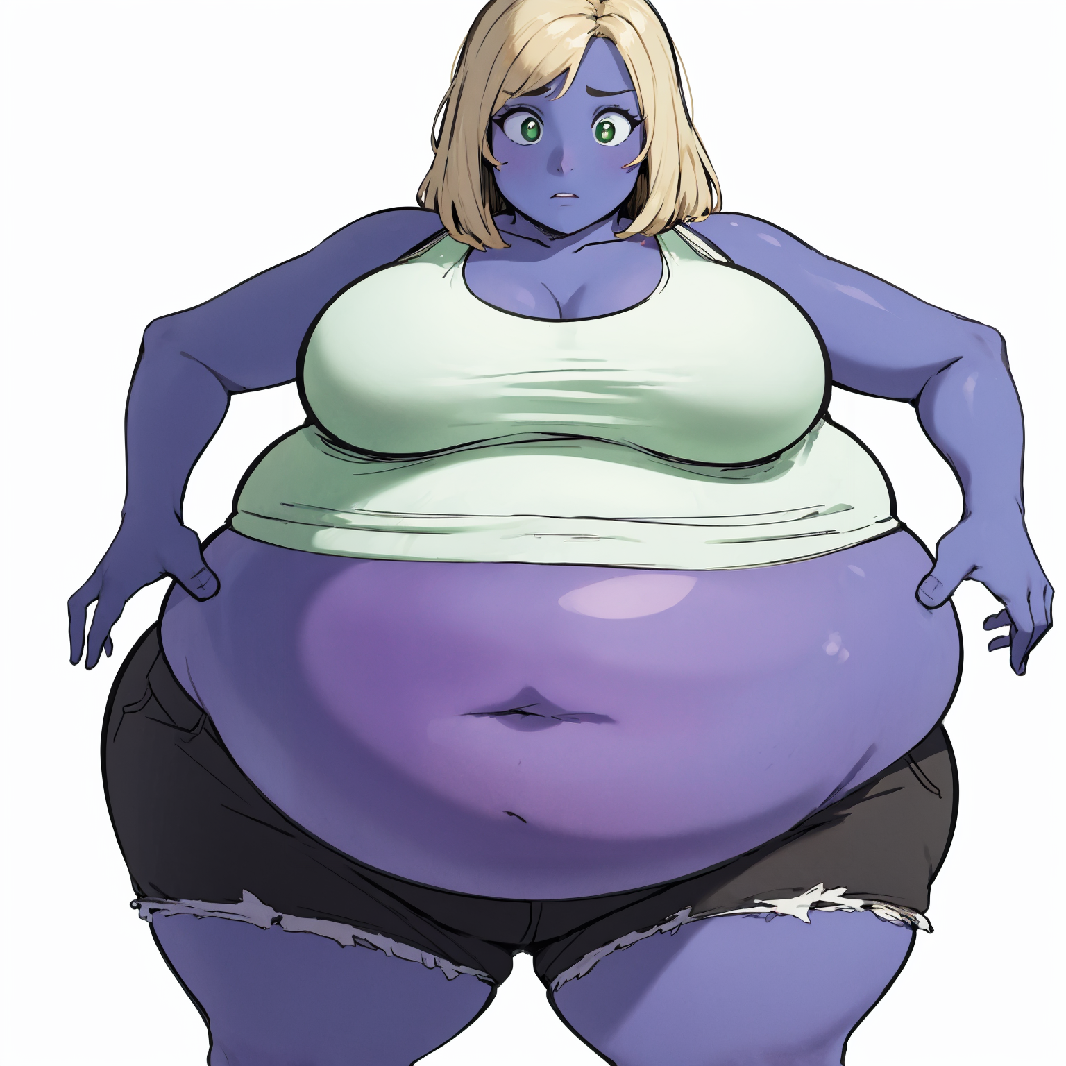 masterpiece, volumetric lighting, 
<lora:blueberry_inflation_v3a01:1>
solo, 1girl, full body, simple background, white background, cowboy shot, 
full blueberry inflation, colored skin, blue skin, purple skin, fat, big belly, wide hips, tank top, white tank top, black shorts, belly grab, hands on own stomach, 
worried, wide eyed, constricted pupils, green eyes, blonde hair