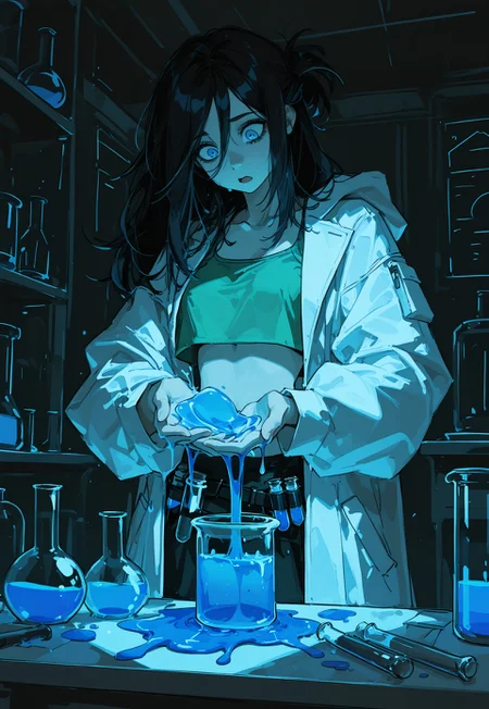 masterpiece, best quality, very aesthetic, absurdres, ambient light, soft light, SagawaStyle, Rapscallionstyle, ma1ma1helmes_b_illu,sketch,
1girl, long hair, medical white coat, in a chemnical lab, black tied hair, green crop top, looking down at her hands, her hands melting into blue jelly, melting hand, hand merging into jelly, half of her face melting into jelly, suprised, panic, shocked, standing before a chemical lab table, beaker, flask with chemical liquid, bubbling liquid, test tube,
high detail, soft shadows