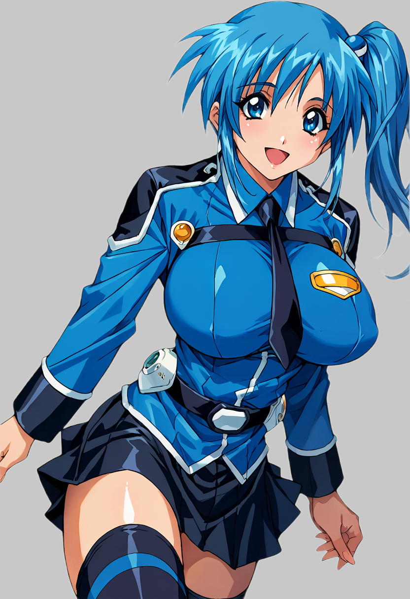 score_9, score_8_up, score_7_up, source_anime BREAK 1girl, solo, diver_misaki, (1990s\(style)\:0.4), military uniform, black necktie, blue shirt, long sleeves, black skirt, belt, black thighhighs, large breasts, blue hair, bangs, hair ornament, side ponytail, blue eyes, looking at viewer, smile, open mouth, simple background <lora:diver_misaki:0.9> <lora:cnv3mdde878c738thn20:0.5>