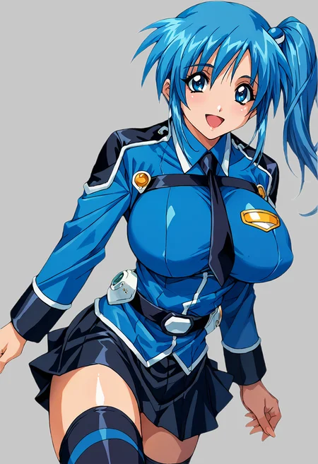 score_9, score_8_up, score_7_up, source_anime BREAK 1girl, solo, diver_misaki, (1990s\(style)\:0.4), military uniform, black necktie, blue shirt, long sleeves, black skirt, belt, black thighhighs, large breasts, blue hair, bangs, hair ornament, side ponytail, blue eyes, looking at viewer, smile, open mouth, simple background <lora:diver_misaki:0.9> <lora:cnv3mdde878c738thn20:0.5>