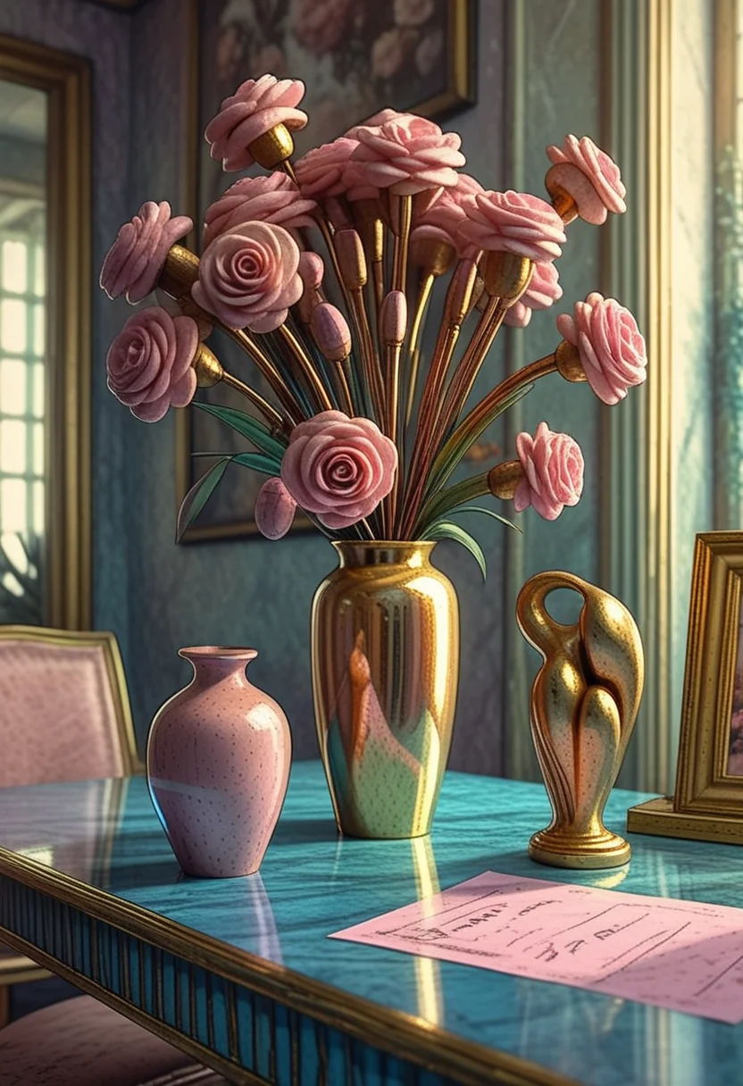 <lora:harlem_renaissance_sdxl_v1:0.8>, harlem_renaissance, a vase filled with pink flowers next to a blue table with macaroons and a gold vase of pink flowers in the background, glossy paper, iso150, 35mm, score_9, score_8_up, score_7_up, intricate details, Hyperrealism style, 3d, concept-art,dreaminess, psychedelic, shallow-depth-of-field applied,, cinematic lighting, soft bokeh, very beautiful composition, Unreal, real-time 3D, Epic Games style, Unreal Engine style, 3d-rendering, vibrant contrast depth and shadow enhanced using (Gaussian blur) for a soft background focus, (sharpen filter) (color grading) to enhance contrast between warm and cool tones, (noise reduction) for a smooth, clean finish, , (HDR toning) used for extra depth and detail, highly detailed dreamy background detailed skin texture, subsurface scattering award-winning, professional, highly detailed . dreamlike, mysterious, provocative, symbolic, intricate, detailed, hyper-detailed, masterpiece, award winning, midjourneyv6.1