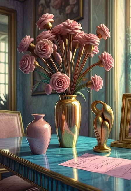<lora:harlem_renaissance_sdxl_v1:0.8>, harlem_renaissance, a vase filled with pink flowers next to a blue table with macaroons and a gold vase of pink flowers in the background, glossy paper, iso150,  35mm, score_9, score_8_up, score_7_up,  intricate details, Hyperrealism style, 3d, concept-art,dreaminess, psychedelic, shallow-depth-of-field applied,, cinematic lighting, soft bokeh, very beautiful composition, Unreal, real-time 3D, Epic Games style, Unreal Engine style, 3d-rendering, vibrant contrast  depth and shadow enhanced using (Gaussian blur) for a soft background focus, (sharpen filter)  (color grading) to enhance contrast between warm and cool tones, (noise reduction) for a smooth, clean finish, , (HDR toning) used for extra depth and detail, highly detailed dreamy background detailed skin texture, subsurface scattering award-winning, professional, highly detailed . dreamlike, mysterious, provocative, symbolic, intricate, detailed, hyper-detailed, masterpiece, award winning, midjourneyv6.1
