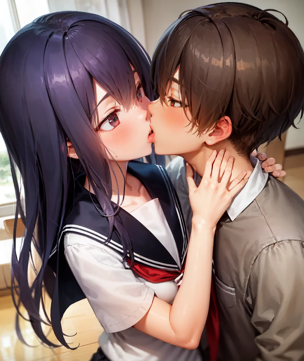 1boy and 1girl, kiss, <lora:animeKissesLocon_v1:0.8>, school uniform