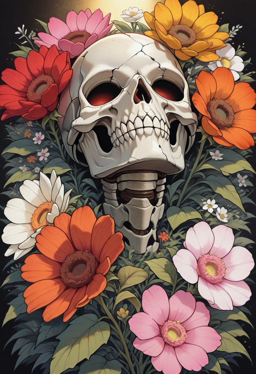 PSC0DLIK_STL, masterpiece, best quality, very aesthetic, high resolution, ultra-detailed, absurdres, newest, perfect lighting, hi res, amazing quality, very awa, psc0dlik_stl, flower, orange flower, solo, skull, no humans, pink flower, traditional media, yellow flower, white flower, red flower, bug