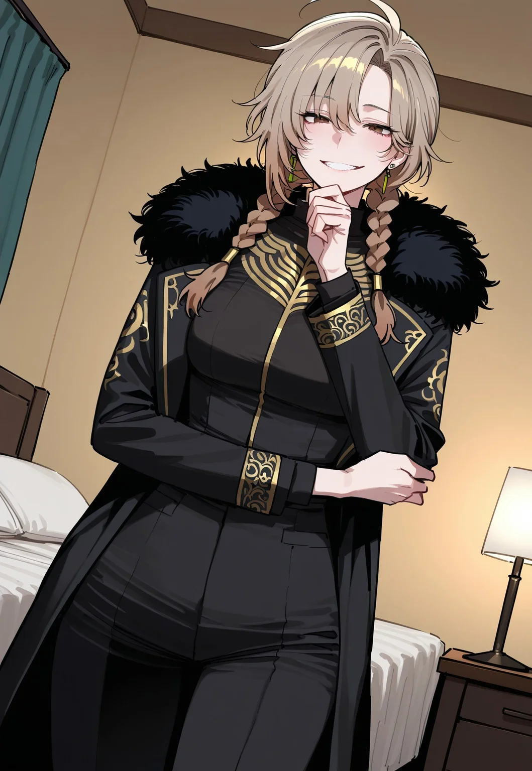(masterpiece, best quality:1.2), amazing quality, incredibly absurdres, 32k, very aesthetic, anime coloring,8k,4k,perfect anatomy,detailed face,,detailed body, ,detailed eyes, realistic, ultra detailed, r4t4_illu
BREAK
1 girl, adult, solo, tall girl, light brown hair, messy hair, voluminous hair, low twin braids, long hair, bangs, medium breasts, brown eyes, detailed face
BREAK
BinahLC, black dress, black pants, black footwear, long sleeves, black coat, open coat, fur trim, earring, gold trim
BREAK
sadistic grin, confident expression, grin, dutch angle, cowboy shot
BREAK
indoors, bedroom, hand on chin