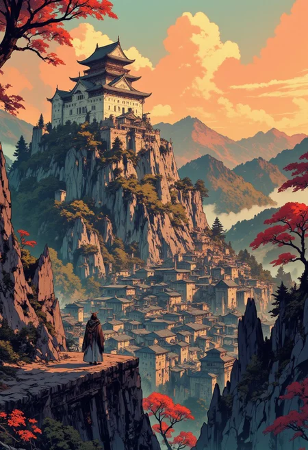 Japanese medieval castle on a hill overlooking a medieval edo-era Japanese town, rolling hills and woodland, autumn, sunset. Impressionistic anime-style scene, Mixed art style, loose, painterly impressionist brushstrokes for depth and atmosphere, anime-style character details, ligne claire outlines for clarity and structure, In the style of ff-td, in the style of cksc,