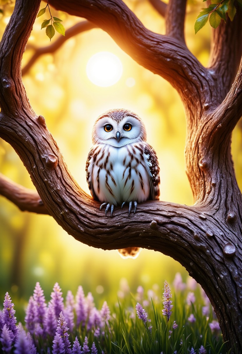 fantasy. art. snowy owl. gigantic tree at the edge of the picture. Snowy owl sits on the branch of the tree. spring. sun in background. meadow in the background. flowers. vivid colour, vivid background. petal
perfection style, aidmaMJ6.1, small zhibi, cute, fntsylghtshwCE_style